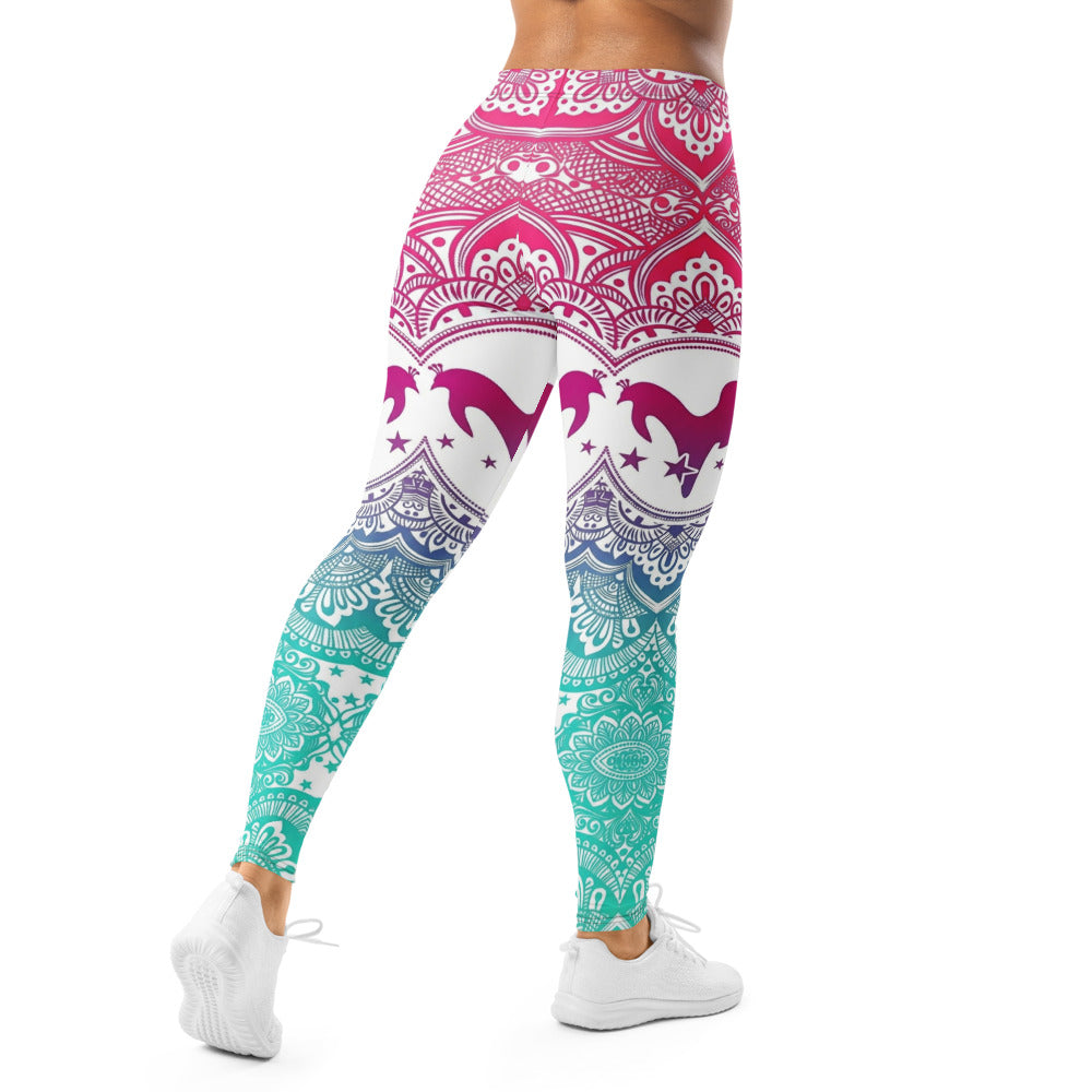 Personalisierte Damen Yoga Leggings Mandala Design Farbverlauf Pink Blau Türkis Sport Fitnesshose I293