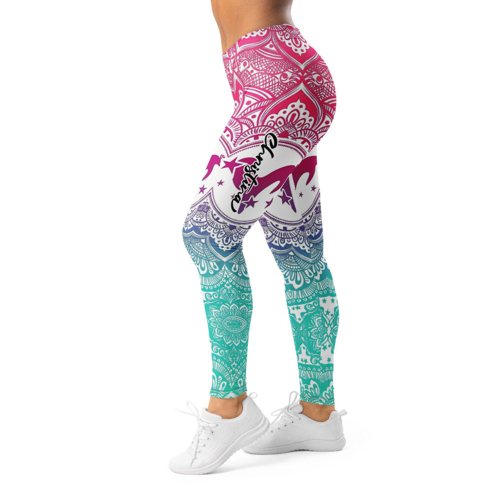 Personalisierte Damen Yoga Leggings Mandala Design Farbverlauf Pink Blau Türkis Sport Fitnesshose I293