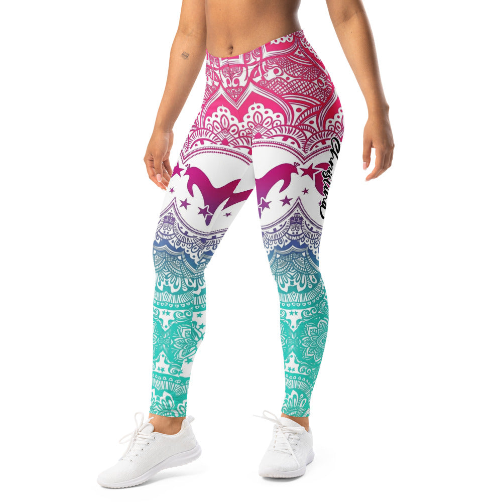 Personalisierte Damen Yoga Leggings Mandala Design Farbverlauf Pink Blau Türkis Sport Fitnesshose I293