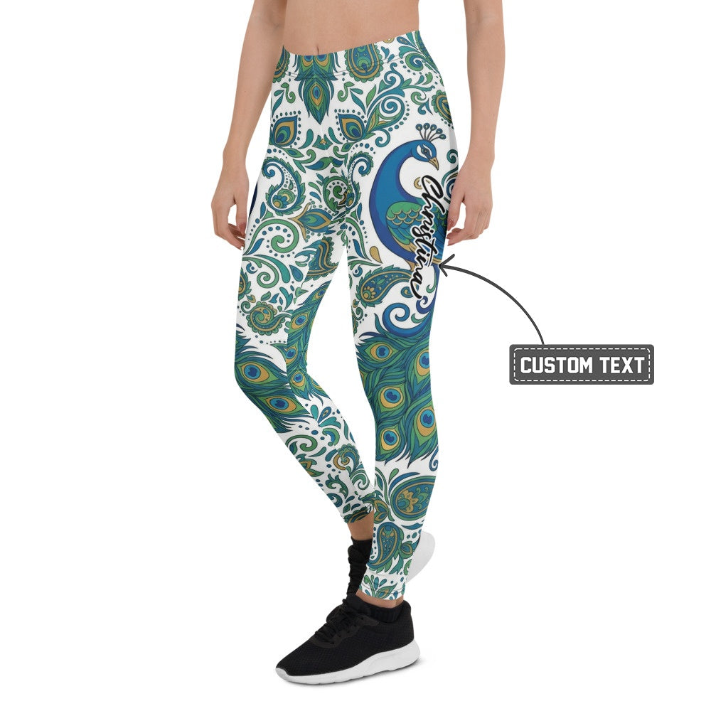 Personalisierte Damen Sportleggings Pfauenmuster Blau Grün Fitness Leggings Yoga Hose N835 - XL