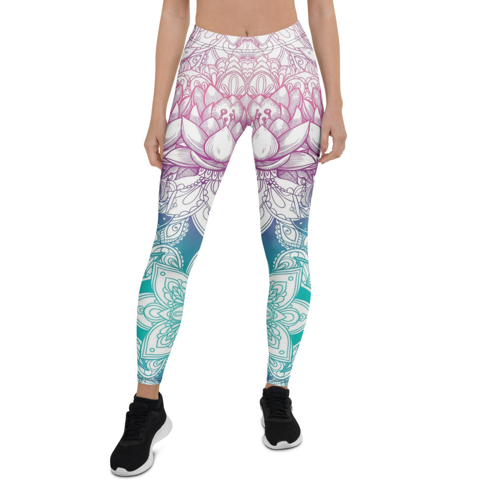 Personalisierte Damen Yoga Leggings Mandala Lotus Design Farbverlauf Pink Türkis Sport Fitnesshose T515