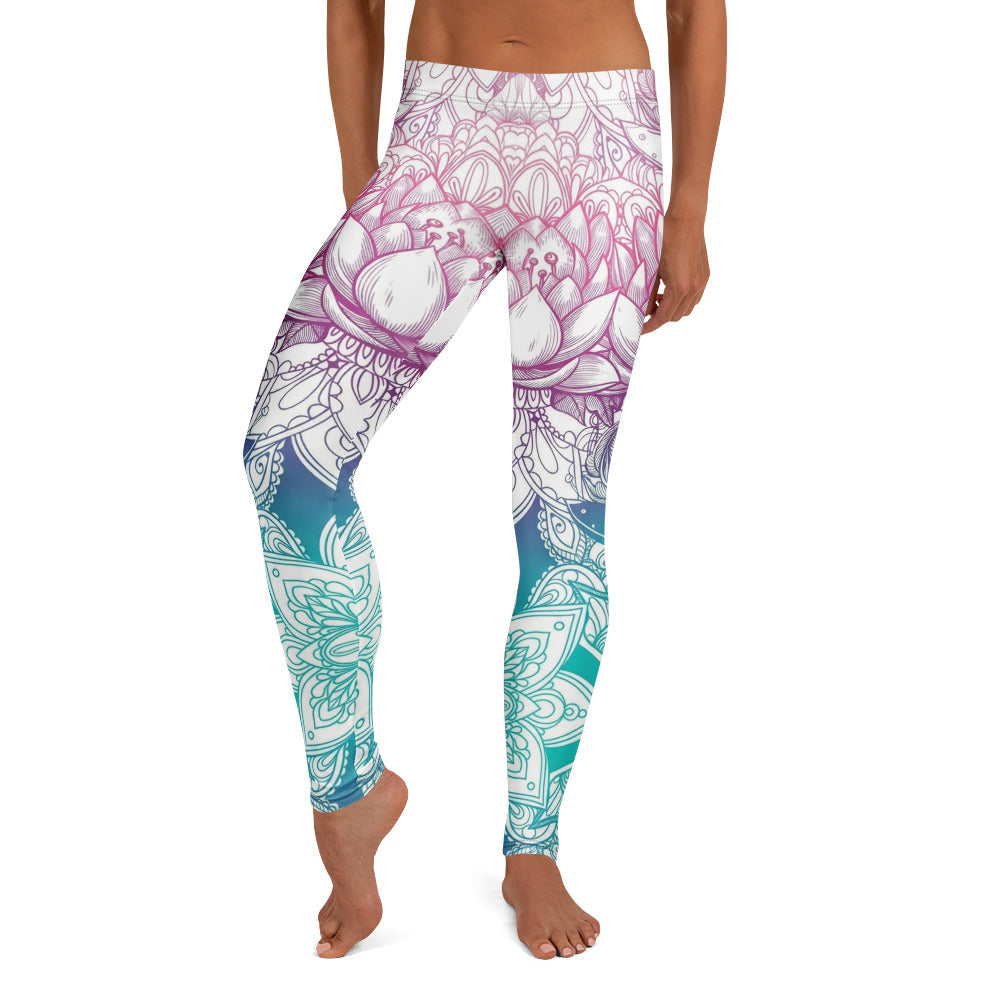 Personalisierte Damen Yoga Leggings Mandala Lotus Design Farbverlauf Pink Türkis Sport Fitnesshose T515