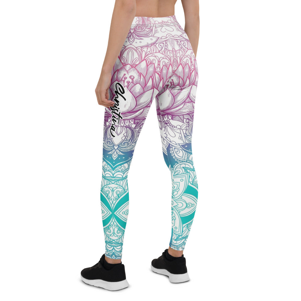 Personalisierte Damen Yoga Leggings Mandala Lotus Design Farbverlauf Pink Türkis Sport Fitnesshose T515