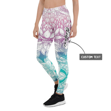 Personalisierte Damen Yoga Leggings Mandala Lotus Design Farbverlauf Pink Türkis Sport Fitnesshose T515 - XL