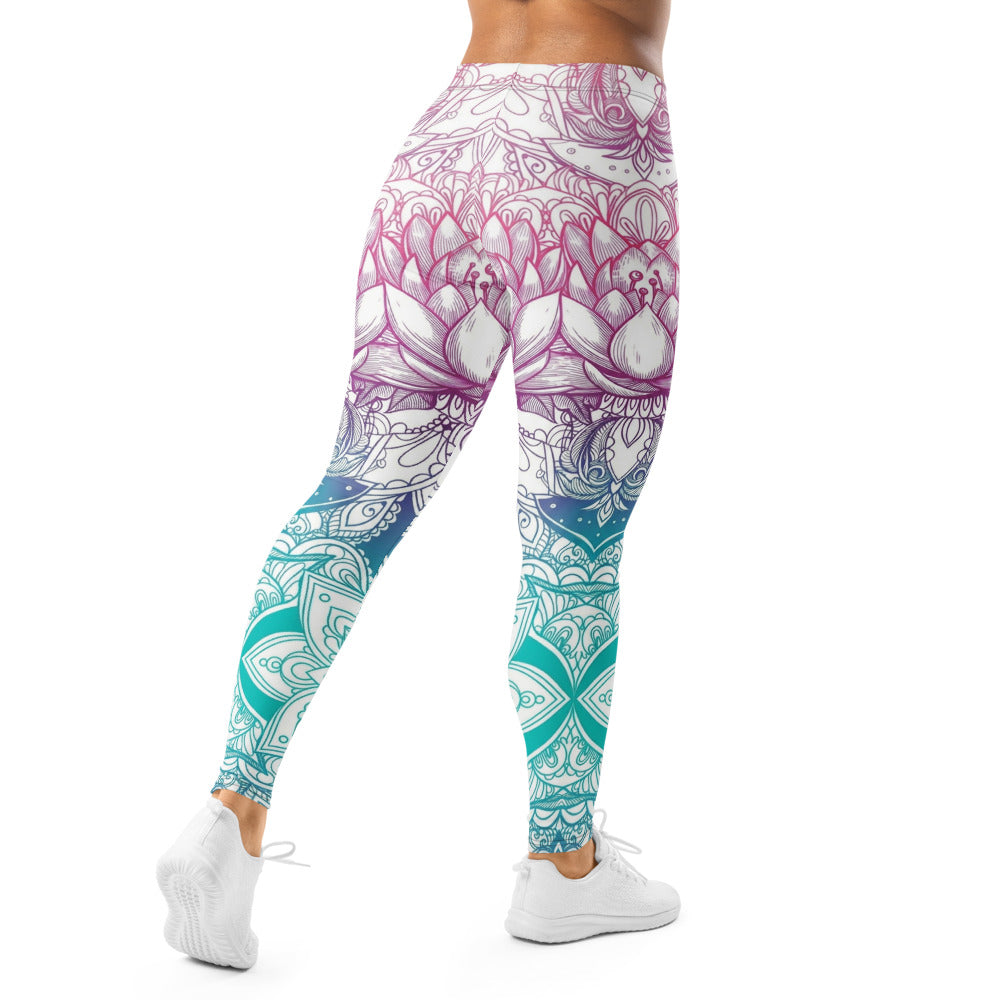 Personalisierte Damen Yoga Leggings Mandala Lotus Design Farbverlauf Pink Türkis Sport Fitnesshose T515