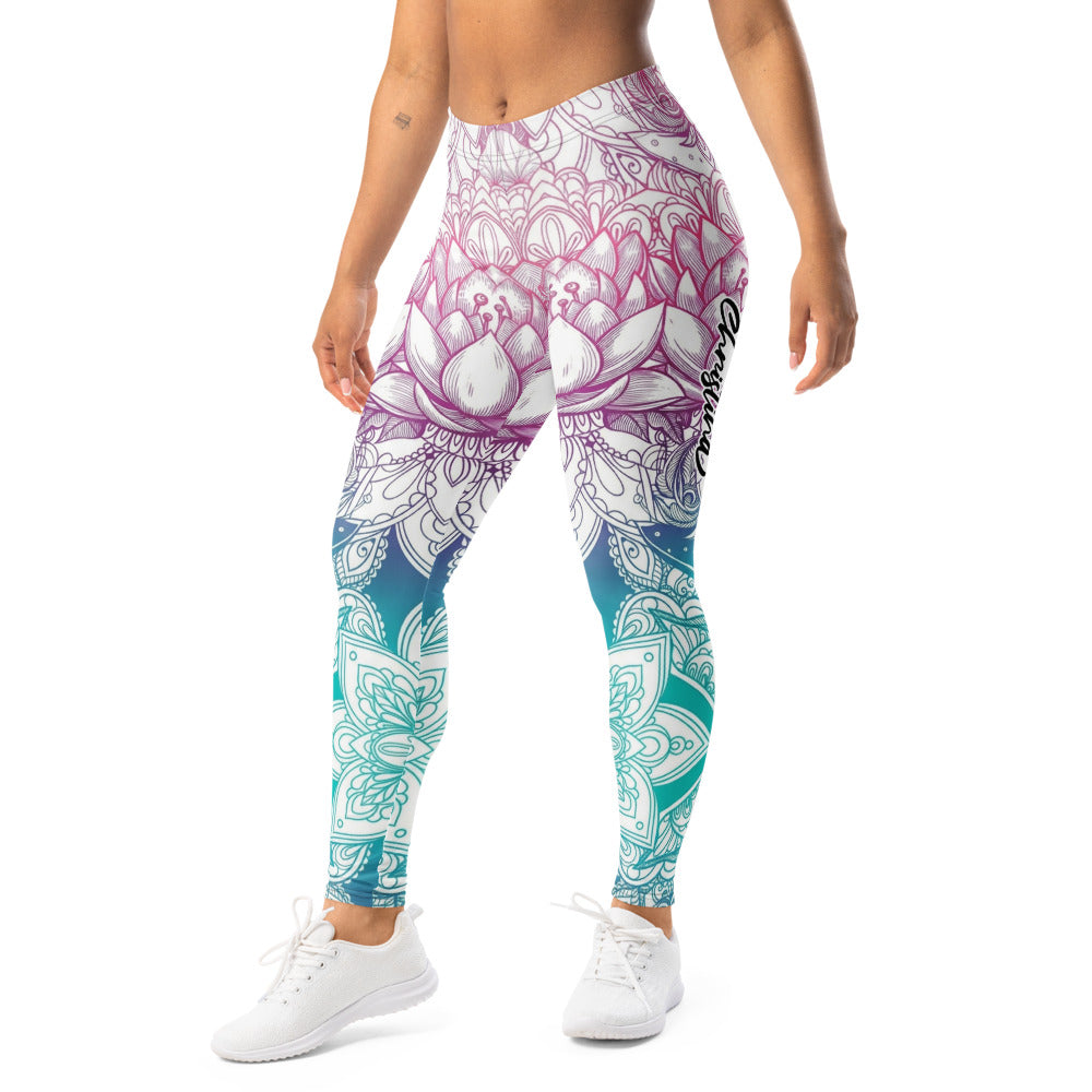 Personalisierte Damen Yoga Leggings Mandala Lotus Design Farbverlauf Pink Türkis Sport Fitnesshose T515