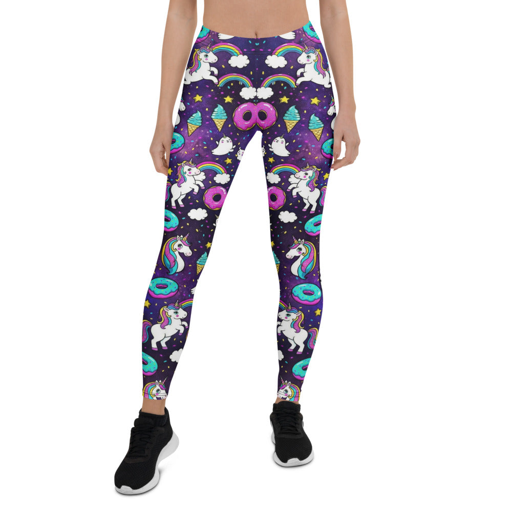 Personalisierte Damen Sportleggings Einhorn Regenbogen Design Fitness Leggings Bunt Yoga Hose Donuts Muster Lila M828