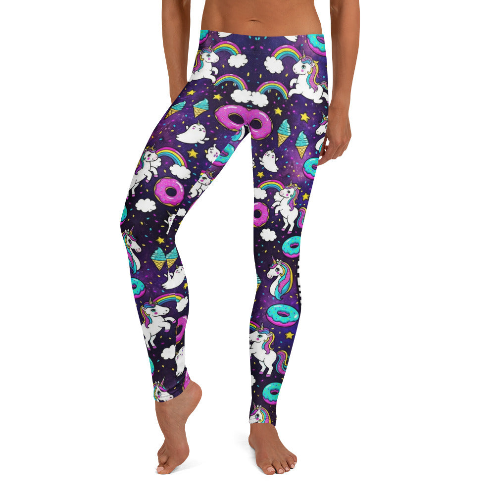 Personalisierte Damen Sportleggings Einhorn Regenbogen Design Fitness Leggings Bunt Yoga Hose Donuts Muster Lila M828