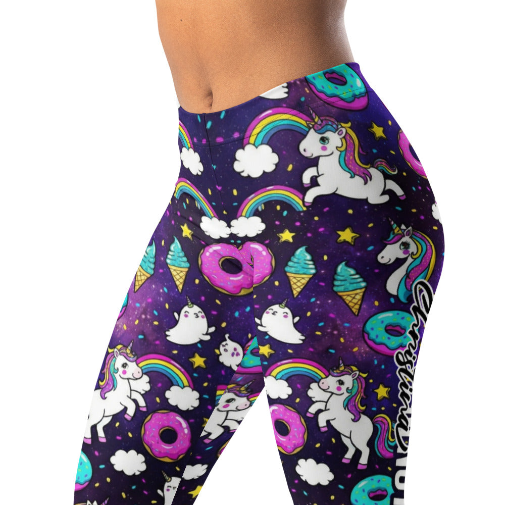 Personalisierte Damen Sportleggings Einhorn Regenbogen Design Fitness Leggings Bunt Yoga Hose Donuts Muster Lila M828