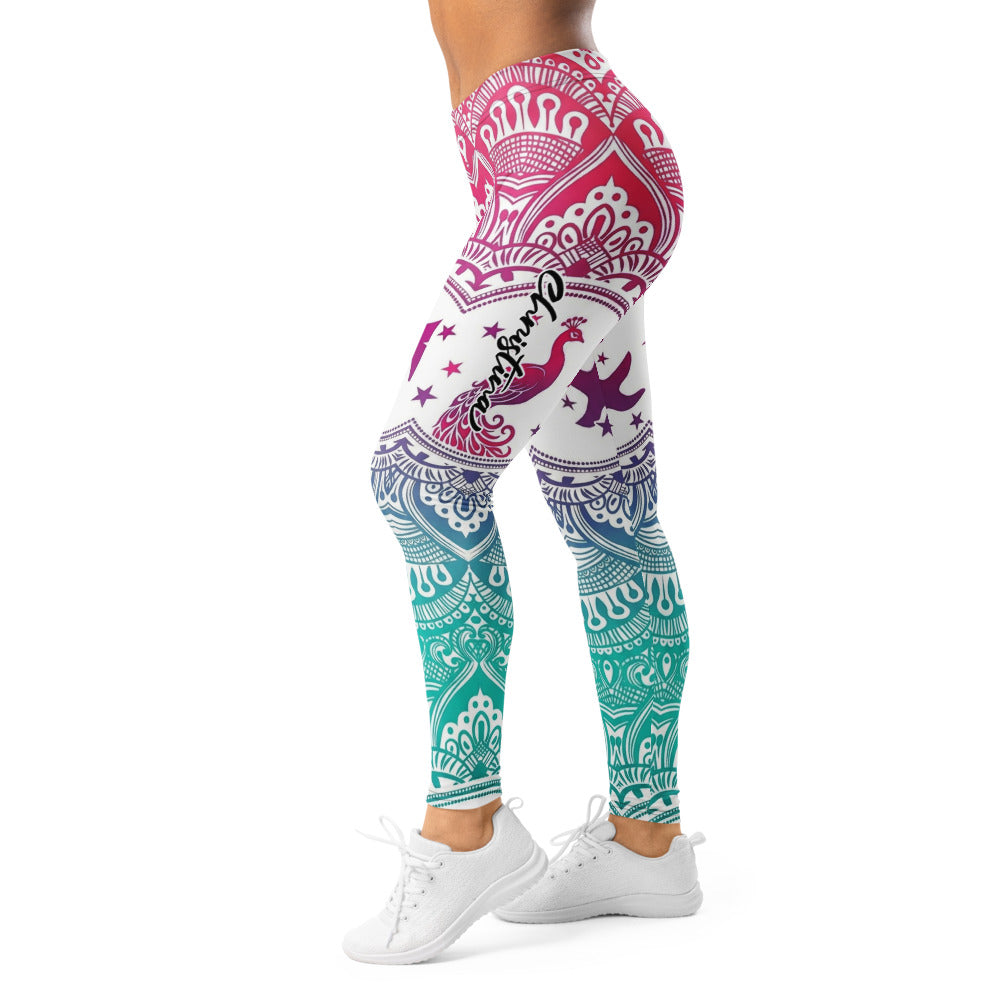 Personalisierte Damen Sportleggings Mandala Muster Farbverlauf Pink Türkis Yoga Leggings Fitnesshose B492