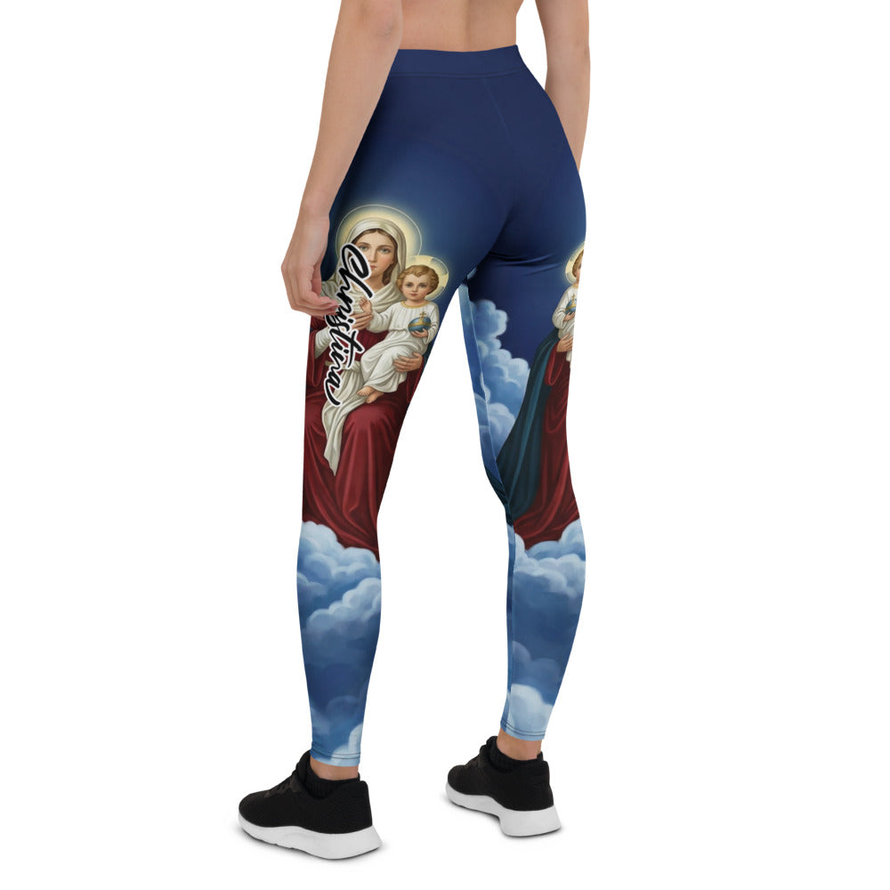 Personalisierte Damen Sportleggings Religiöses Motiv Maria Wolken Design Dunkelblau Fitnesshose R681