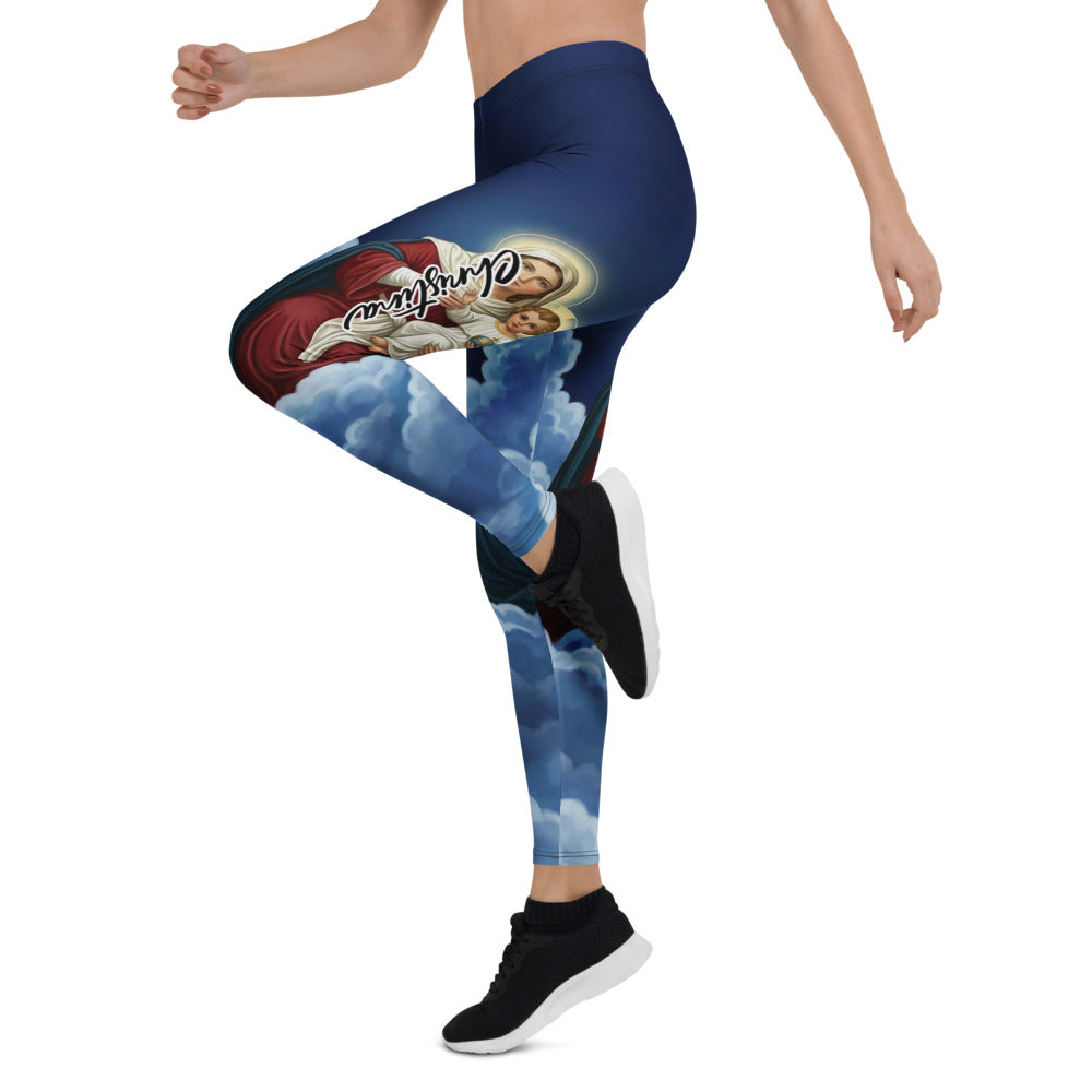 Personalisierte Damen Sportleggings Religiöses Motiv Maria Wolken Design Dunkelblau Fitnesshose R681