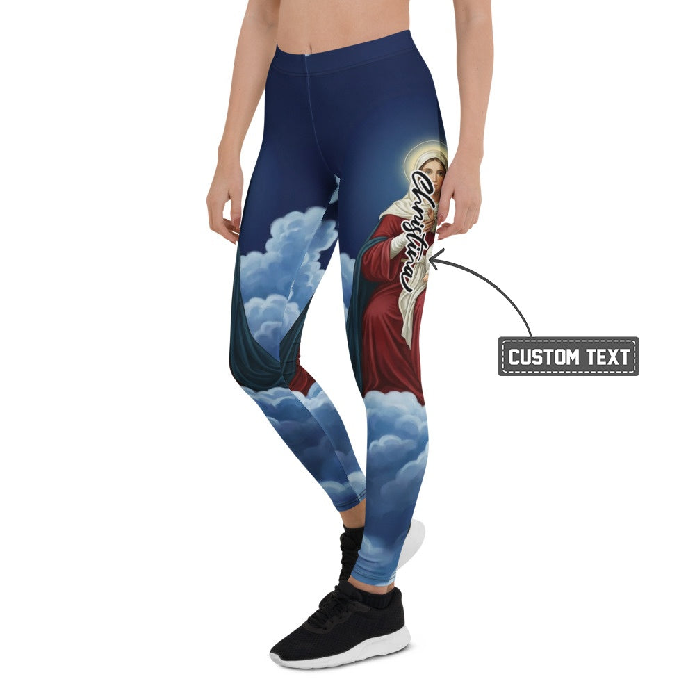 Personalisierte Damen Sportleggings Religiöses Motiv Maria Wolken Design Dunkelblau Fitnesshose R681 - XL