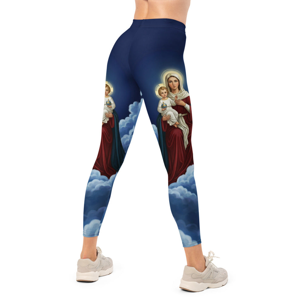Personalisierte Damen Sportleggings Religiöses Motiv Maria Wolken Design Dunkelblau Fitnesshose R681