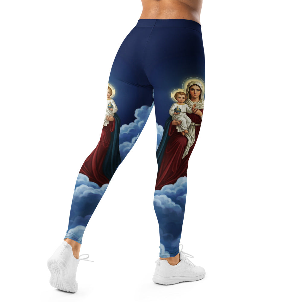 Personalisierte Damen Sportleggings Religiöses Motiv Maria Wolken Design Dunkelblau Fitnesshose R681