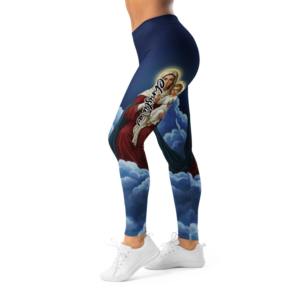 Personalisierte Damen Sportleggings Religiöses Motiv Maria Wolken Design Dunkelblau Fitnesshose R681