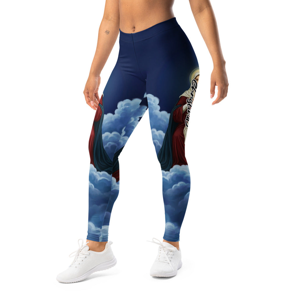 Personalisierte Damen Sportleggings Religiöses Motiv Maria Wolken Design Dunkelblau Fitnesshose R681