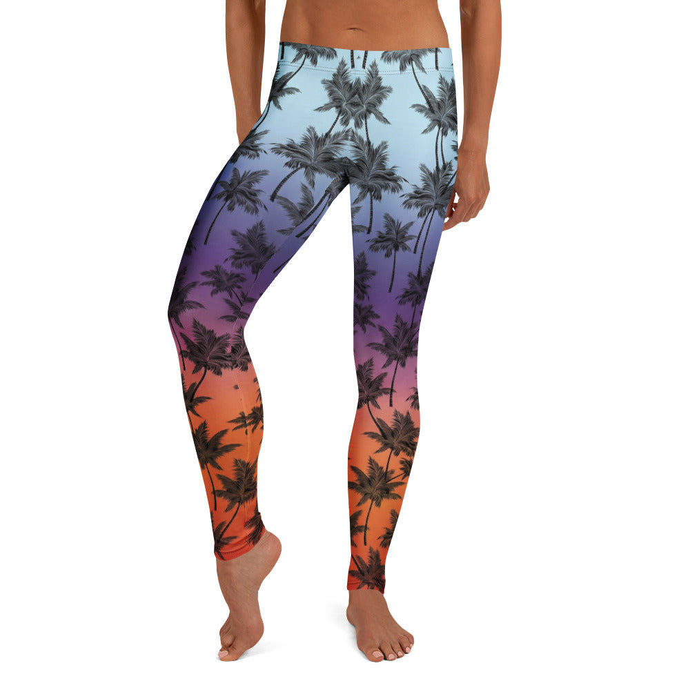 Personalisierte Damen Sportleggings Palmenmuster Sonnenuntergang Design Fitness Leggings Blau Lila Orange J288