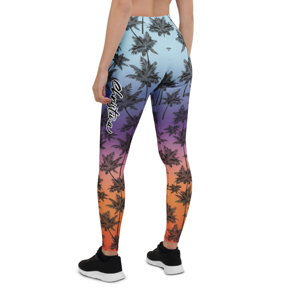 Personalisierte Damen Sportleggings Palmenmuster Sonnenuntergang Design Fitness Leggings Blau Lila Orange J288