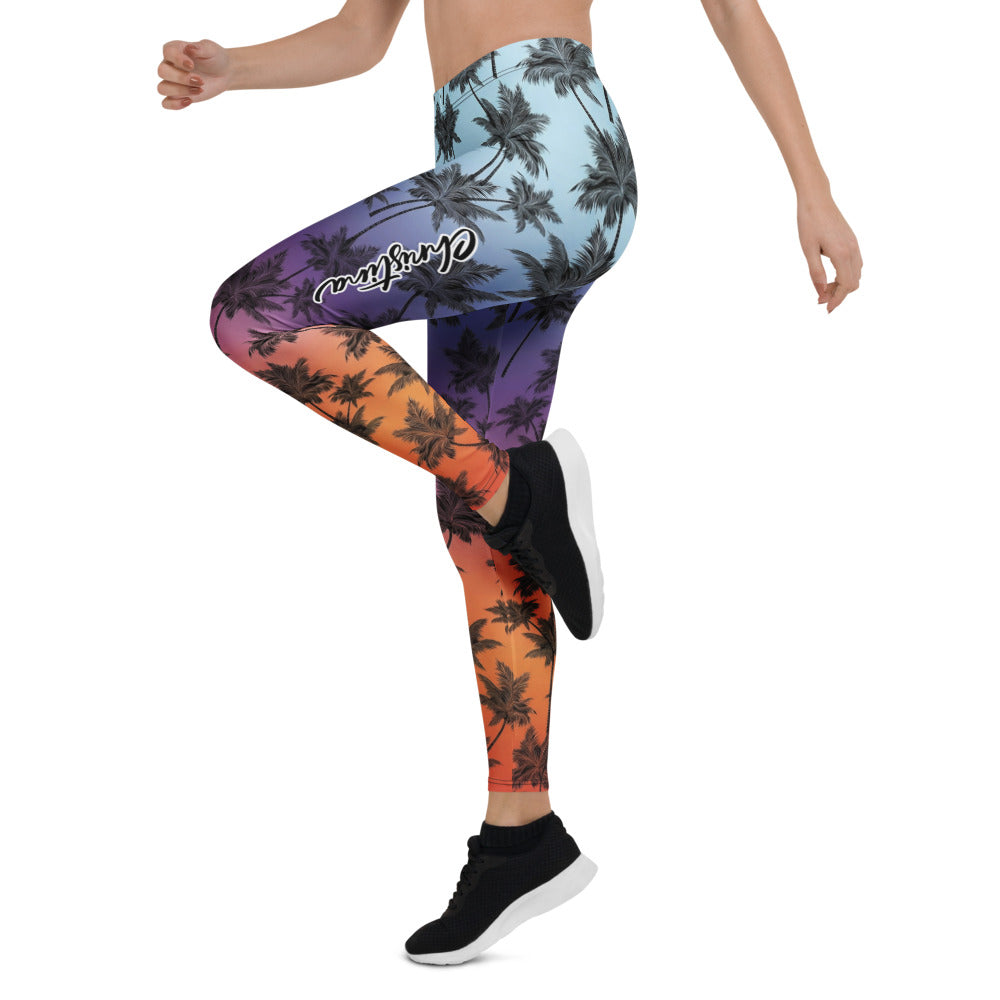 Personalisierte Damen Sportleggings Palmenmuster Sonnenuntergang Design Fitness Leggings Blau Lila Orange J288