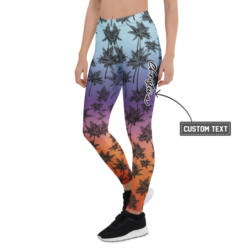 Personalisierte Damen Sportleggings Palmenmuster Sonnenuntergang Design Fitness Leggings Blau Lila Orange J288 - XL