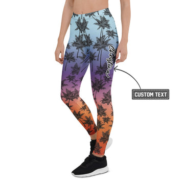 Personalisierte Damen Sportleggings Palmenmuster Sonnenuntergang Design Fitness Leggings Blau Lila Orange J288 - XL