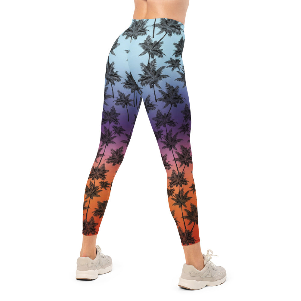 Personalisierte Damen Sportleggings Palmenmuster Sonnenuntergang Design Fitness Leggings Blau Lila Orange J288