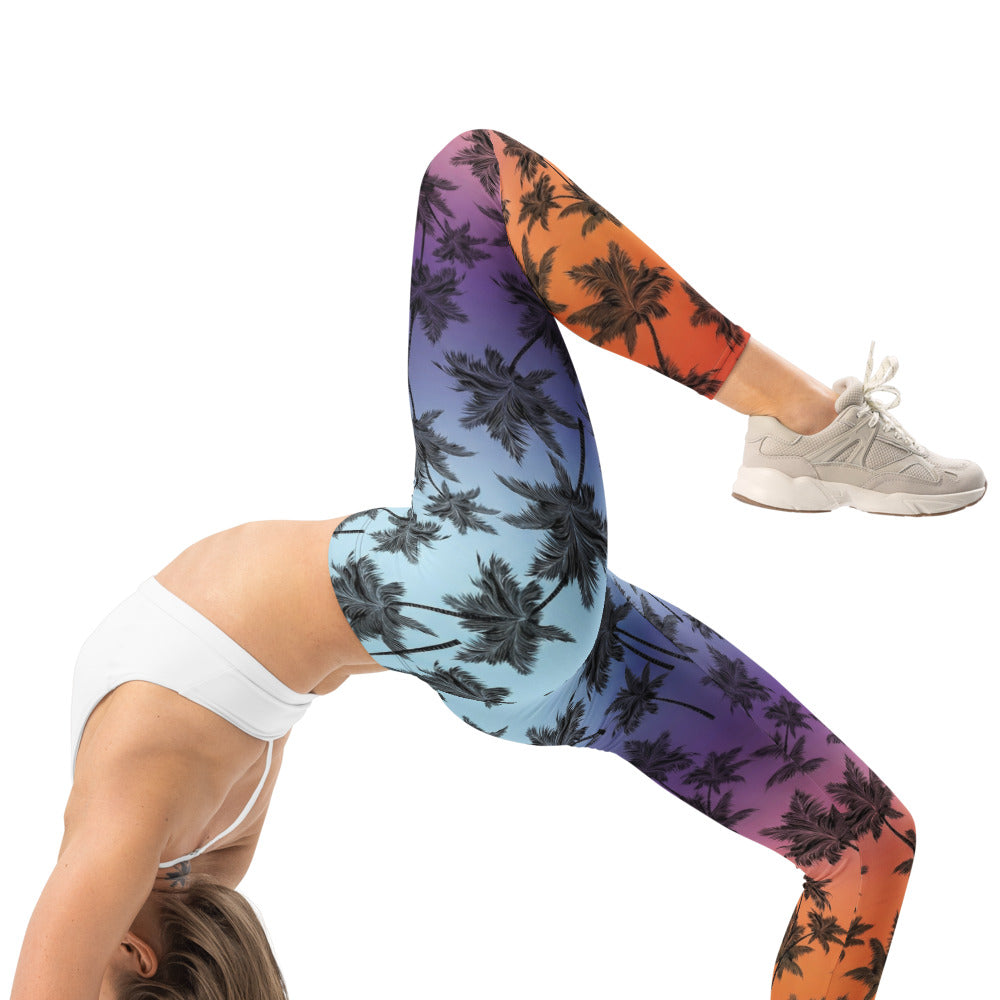Personalisierte Damen Sportleggings Palmenmuster Sonnenuntergang Design Fitness Leggings Blau Lila Orange J288