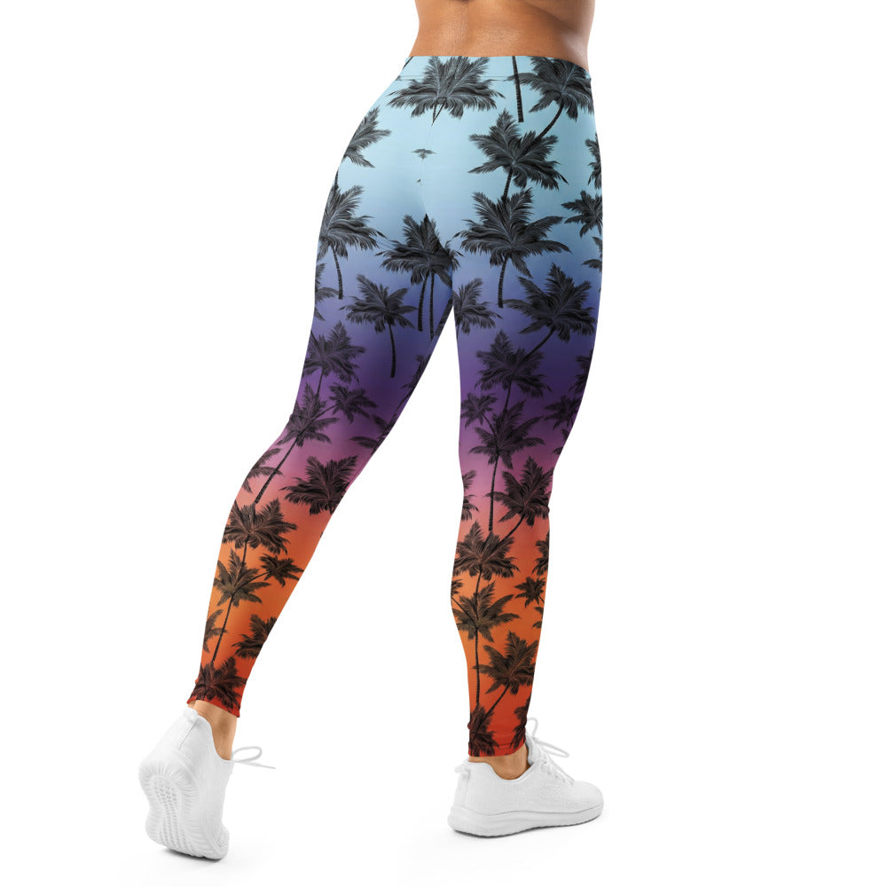Personalisierte Damen Sportleggings Palmenmuster Sonnenuntergang Design Fitness Leggings Blau Lila Orange J288