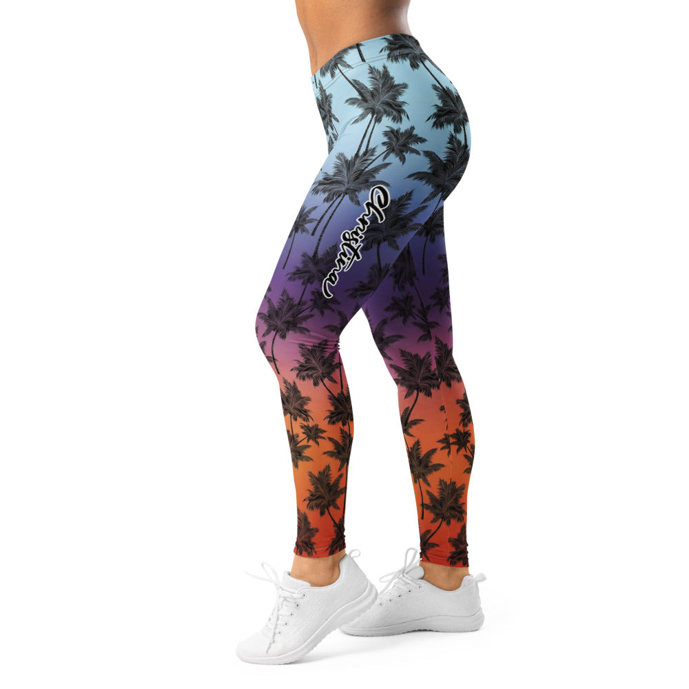 Personalisierte Damen Sportleggings Palmenmuster Sonnenuntergang Design Fitness Leggings Blau Lila Orange J288