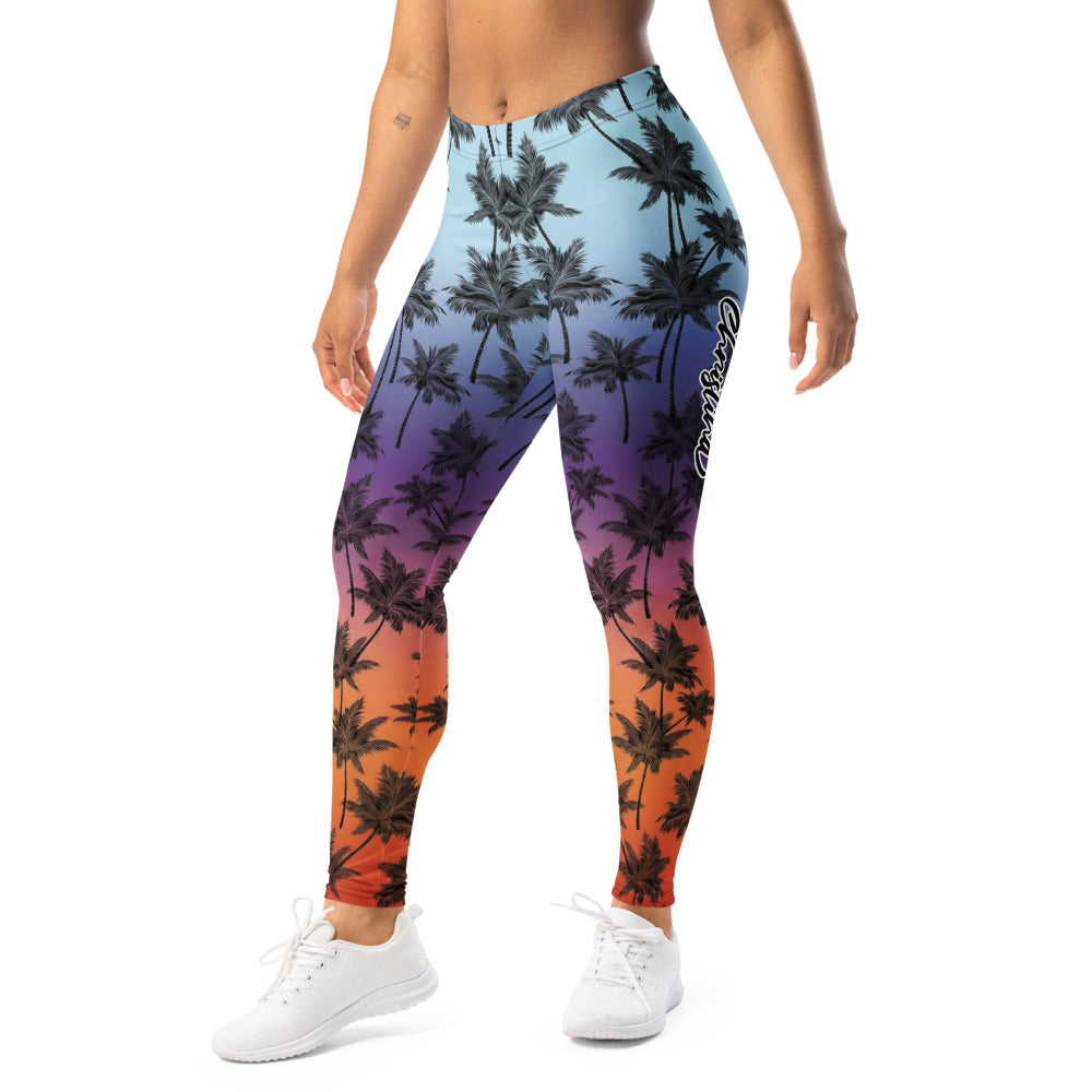 Personalisierte Damen Sportleggings Palmenmuster Sonnenuntergang Design Fitness Leggings Blau Lila Orange J288