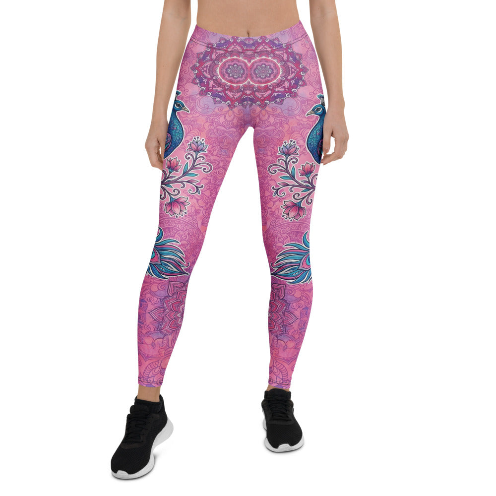 Personalisierte Damen Sportleggings Mandala Pfau Muster Pink Lila Yoga Leggings Fitnesshose K743