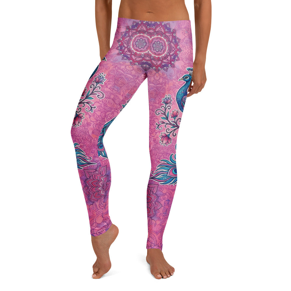 Personalisierte Damen Sportleggings Mandala Pfau Muster Pink Lila Yoga Leggings Fitnesshose K743