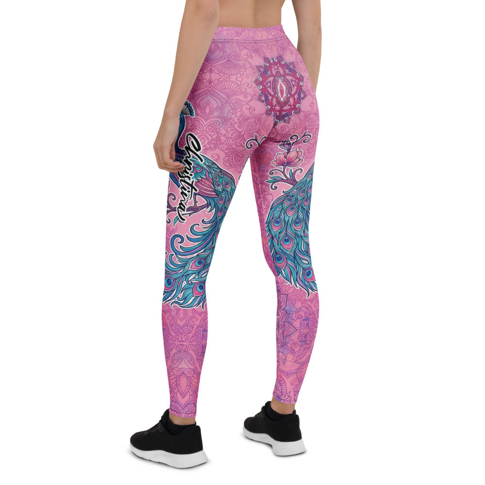 Personalisierte Damen Sportleggings Mandala Pfau Muster Pink Lila Yoga Leggings Fitnesshose K743