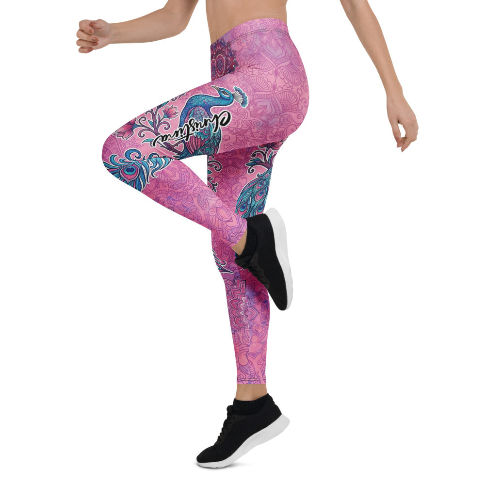 Personalisierte Damen Sportleggings Mandala Pfau Muster Pink Lila Yoga Leggings Fitnesshose K743