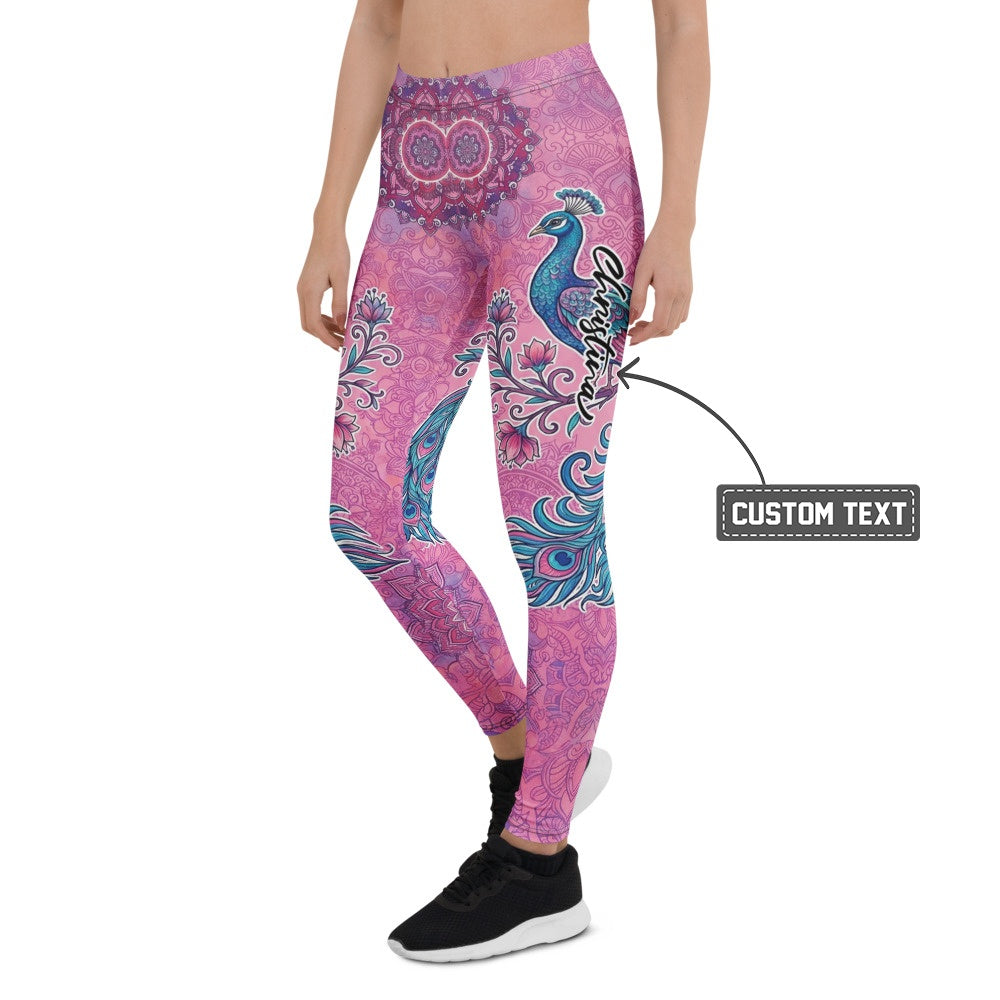 Personalisierte Damen Sportleggings Mandala Pfau Muster Pink Lila Yoga Leggings Fitnesshose K743 - XL