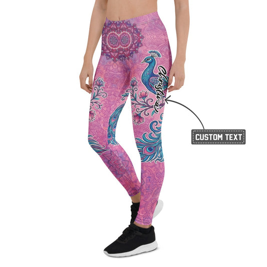 Personalisierte Damen Sportleggings Mandala Pfau Muster Pink Lila Yoga Leggings Fitnesshose K743 - XL
