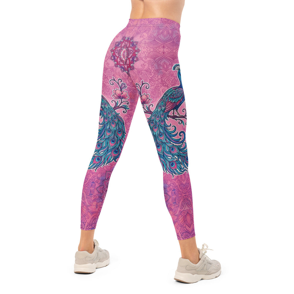 Personalisierte Damen Sportleggings Mandala Pfau Muster Pink Lila Yoga Leggings Fitnesshose K743