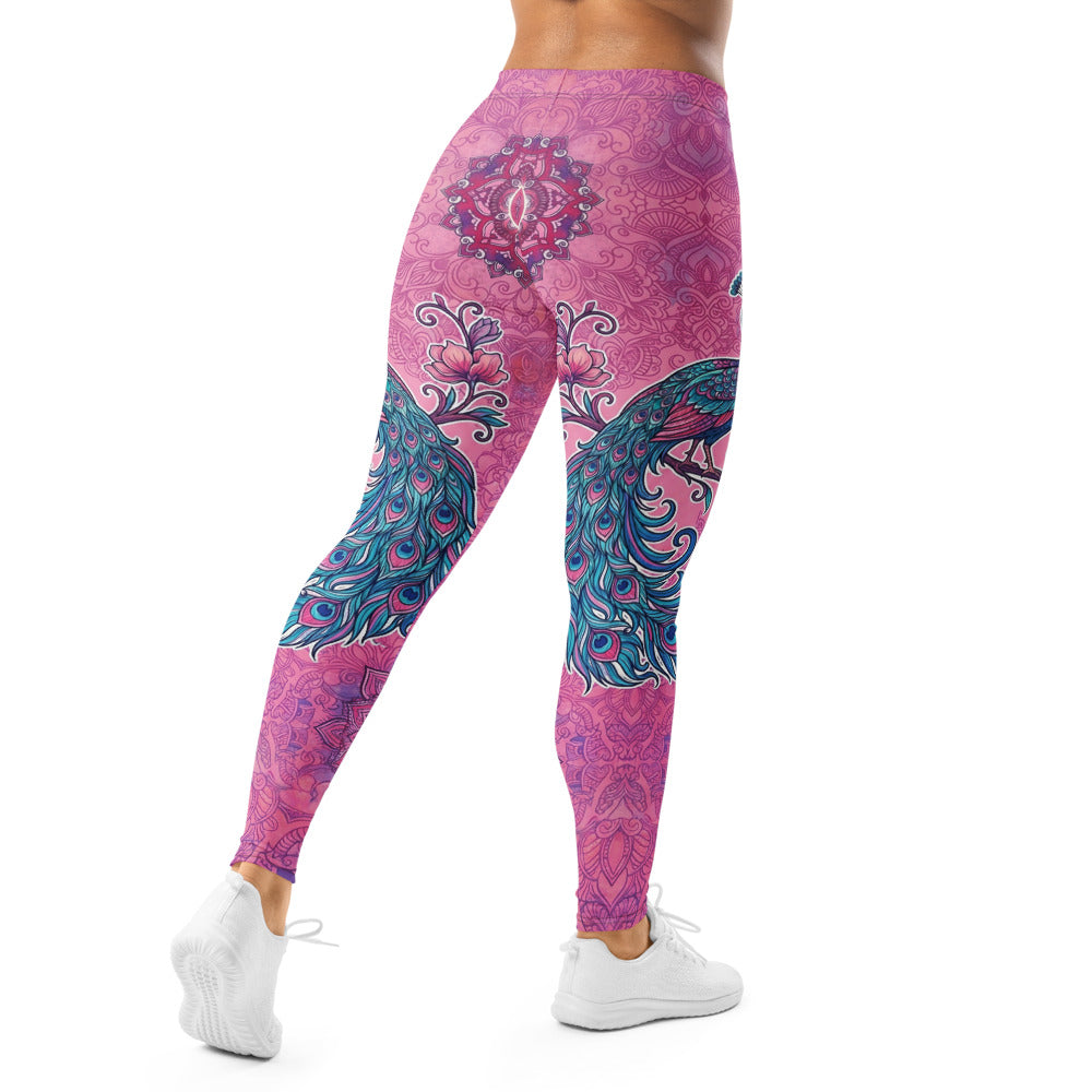 Personalisierte Damen Sportleggings Mandala Pfau Muster Pink Lila Yoga Leggings Fitnesshose K743