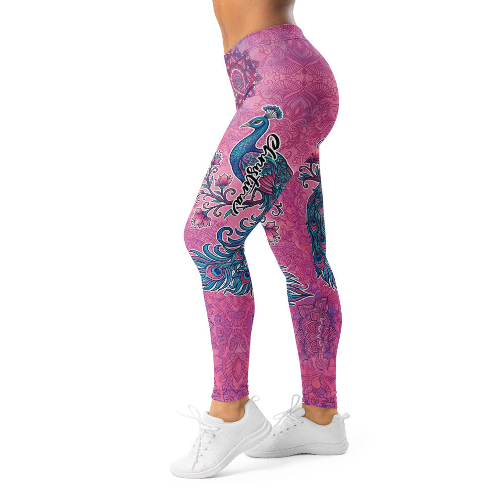 Personalisierte Damen Sportleggings Mandala Pfau Muster Pink Lila Yoga Leggings Fitnesshose K743