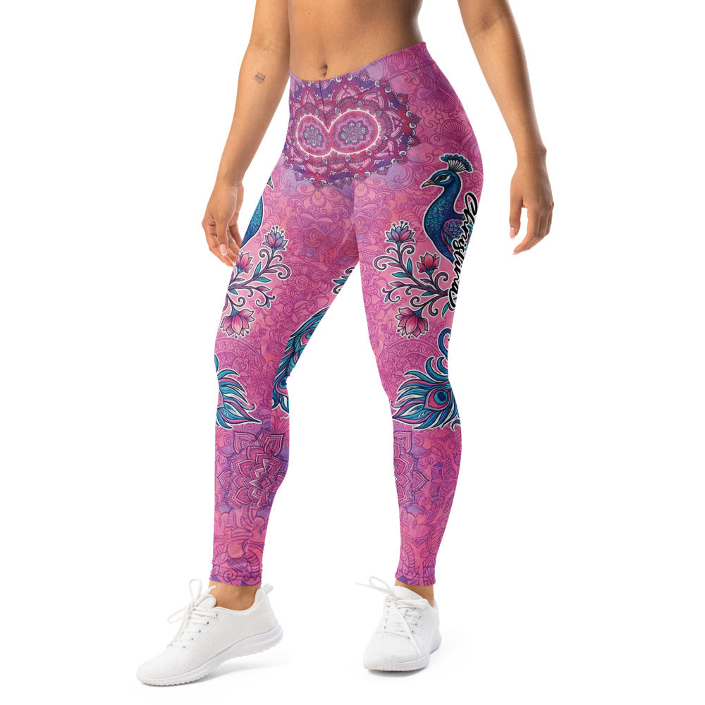 Personalisierte Damen Sportleggings Mandala Pfau Muster Pink Lila Yoga Leggings Fitnesshose K743