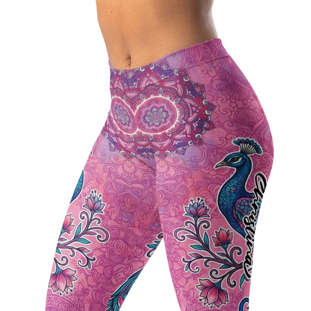 Personalisierte Damen Sportleggings Mandala Pfau Muster Pink Lila Yoga Leggings Fitnesshose K743