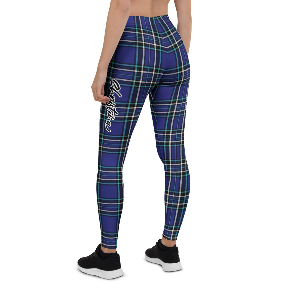 Personalisierte Damen Sportleggings Karomuster Blau Schwarz Fitness Leggings Yoga Hose K551
