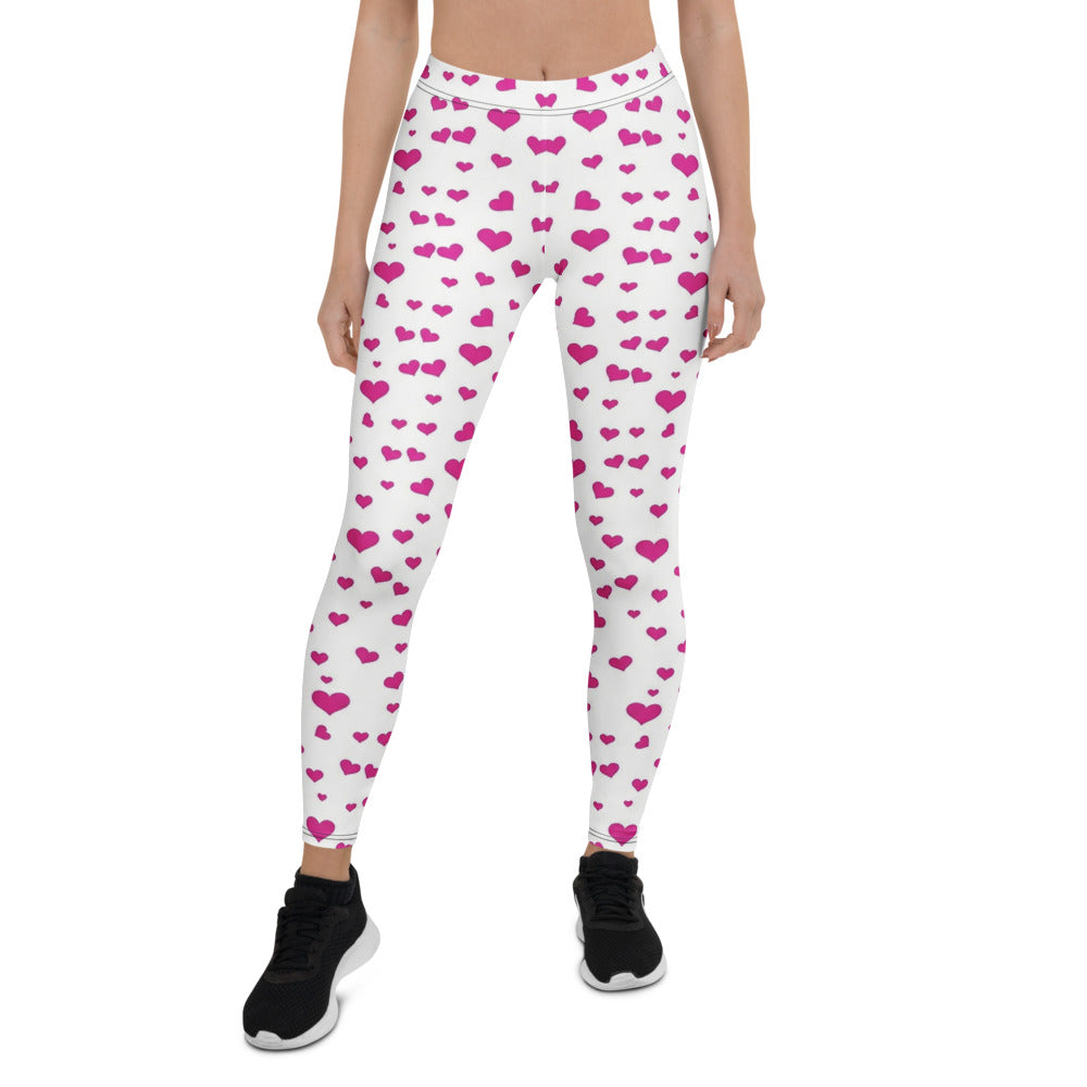 Personalisierte Damen Sportleggings Herzen Muster Weiß Pink Fitness Yoga Leggings J659