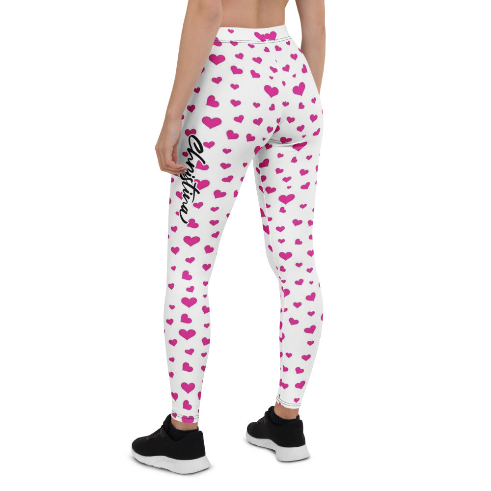 Personalisierte Damen Sportleggings Herzen Muster Weiß Pink Fitness Yoga Leggings J659