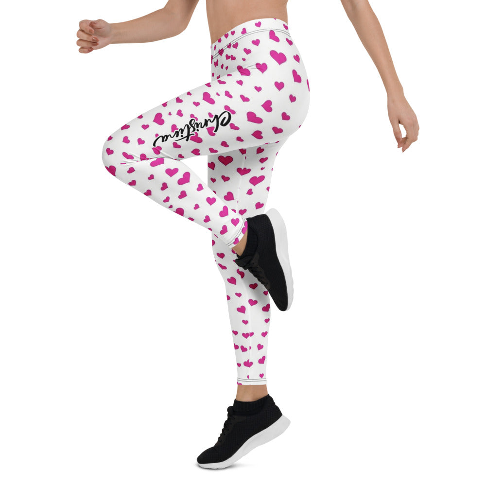 Personalisierte Damen Sportleggings Herzen Muster Weiß Pink Fitness Yoga Leggings J659