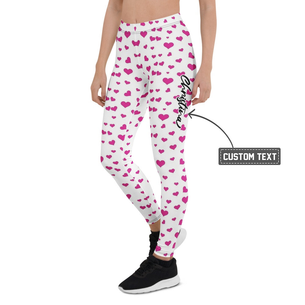 Personalisierte Damen Sportleggings Herzen Muster Weiß Pink Fitness Yoga Leggings J659 - XL