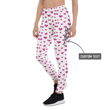 Personalisierte Damen Sportleggings Herzen Muster Weiß Pink Fitness Yoga Leggings J659 - XL