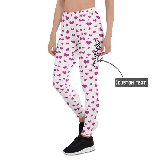 Personalisierte Damen Sportleggings Herzen Muster Weiß Pink Fitness Yoga Leggings J659 - XL