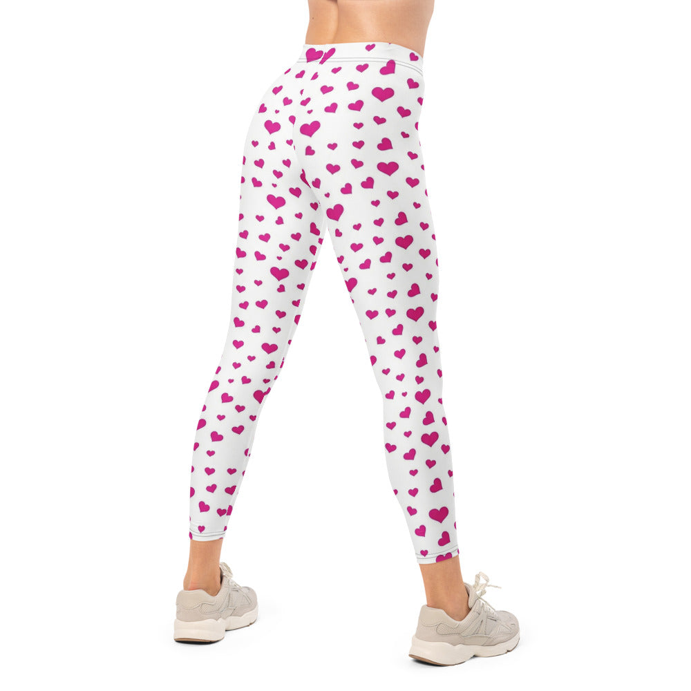 Personalisierte Damen Sportleggings Herzen Muster Weiß Pink Fitness Yoga Leggings J659